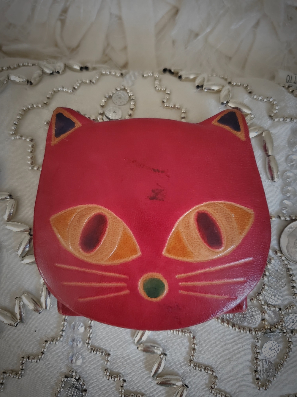 liberty Red Cat Face Coin Purse Wallet with Orange, Green and Black Accents